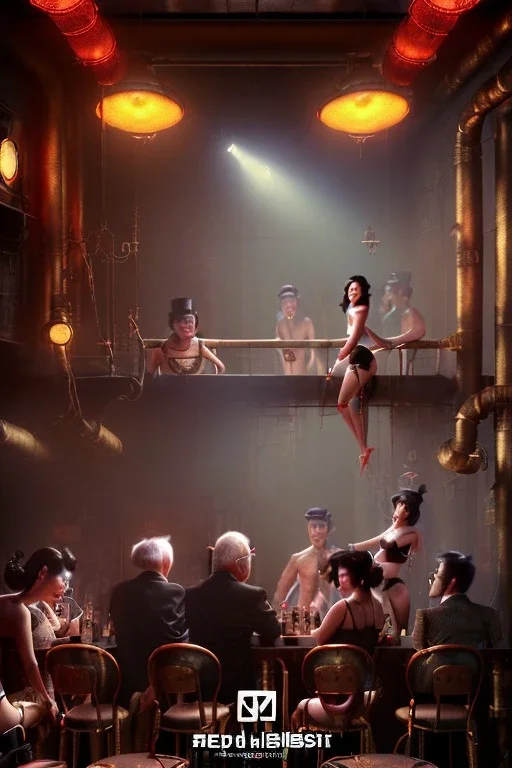 Waist up view cabaret scene, steampunk. old Asian man and little monkey, Sunglasses, smoking, happy, hot. Many people background, highly detailed, concept art, unreal engine 5, god rays, ray tracing, RTX, lumen lighting, ultra detail, volumetric lighting, 3d, finely drawn, high definition, high resolution.