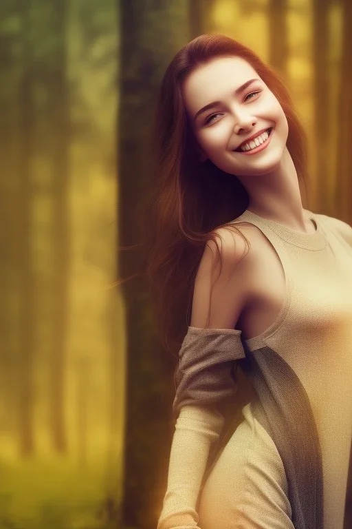 Beautiful smile of feminine girl in the forest afternoon ín 24K Resolutions, super HD, Professional PHOTOGRAPHY