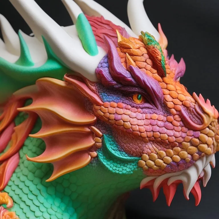 Gorgeous dragon head made from all colors of marzipan
