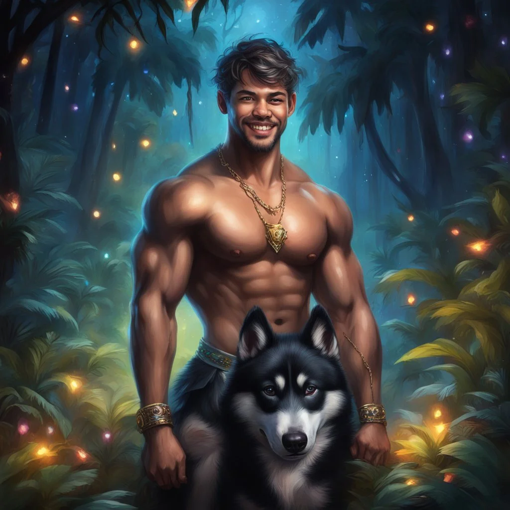 Hyper Realistic handsome muscular young king smiling & standing with his black husky in a dark mystical jungle at night with fireflies & colorful crystals