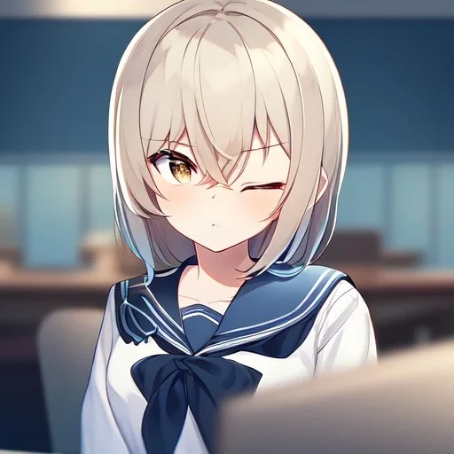 Clear focus,High resolution,High quality, An anime girl at class playing with her pencil, eyes closed, frown, wearing a sailor uniform, at desk, blur in the background