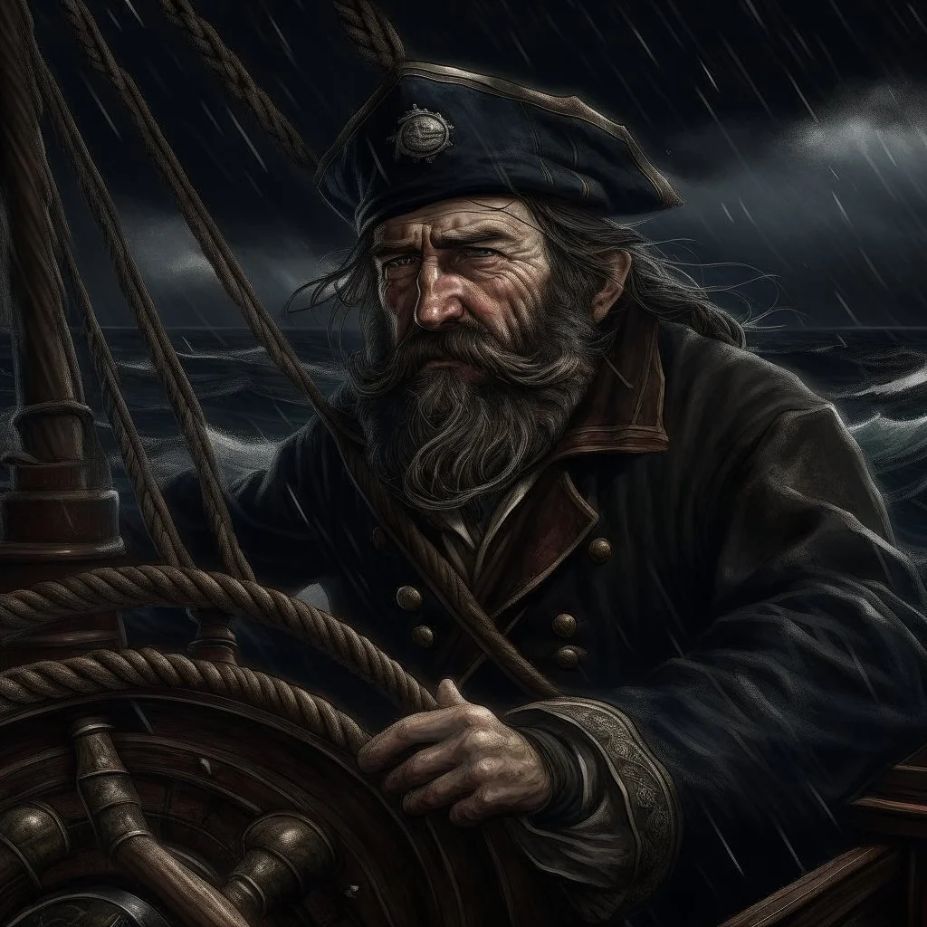 The large angry black haired captain "Boatsman" at the ships helm on a stormy sea realistic grimdark