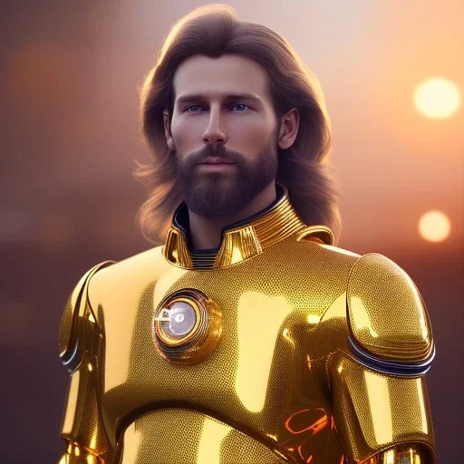 beautiful cosmic golden male, long hair, nice smiling, delicate colors, beautiful glamour galactic golden dress, ultra sharp focus, 8k, unreal engine 5, extremely sharp detail, light effect, soft light atmosphere of a spaceship, smooth, full of details, face in front, complete vision of face and body