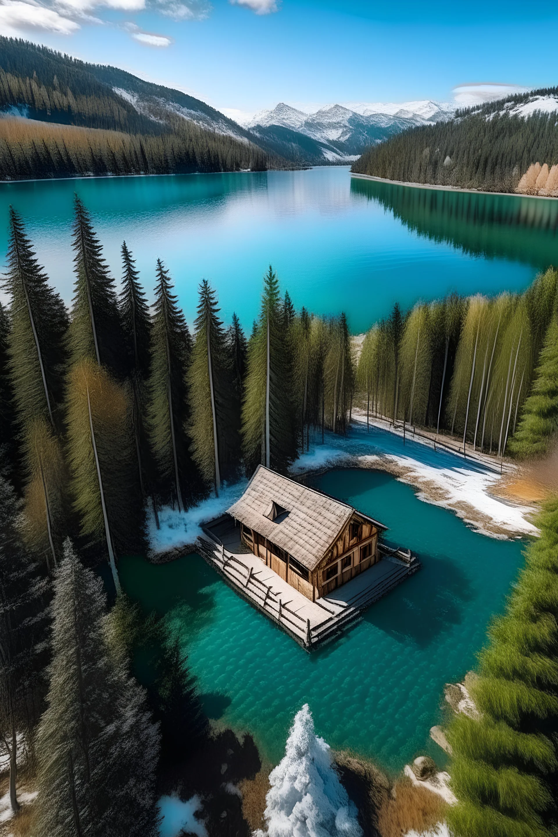 crea un paisaje de una cabaña rodeada de pinos a las orillas de un lago cristalino con montañas con la sima nevadas en de fondo, un dia soleado de primavera, vista desde lo alto