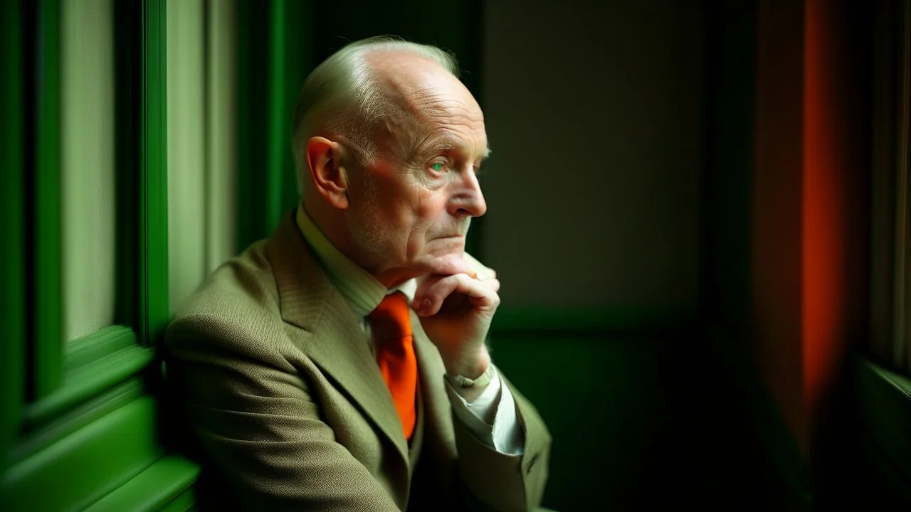 An elderly white man with balding hair sitting by a window with a green frame, wearing a grey suit with a bow tie, and resting his head on his hand, indoors with a wall that transitions from grey to warm orange tones