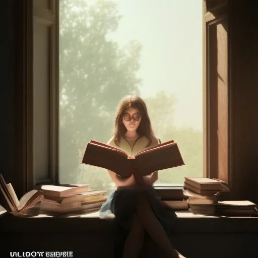 reading a book by the window studying girl, ultra detail, curl hair, realistic photo unreal engine, cinematic lighting --ar 1:1 creative