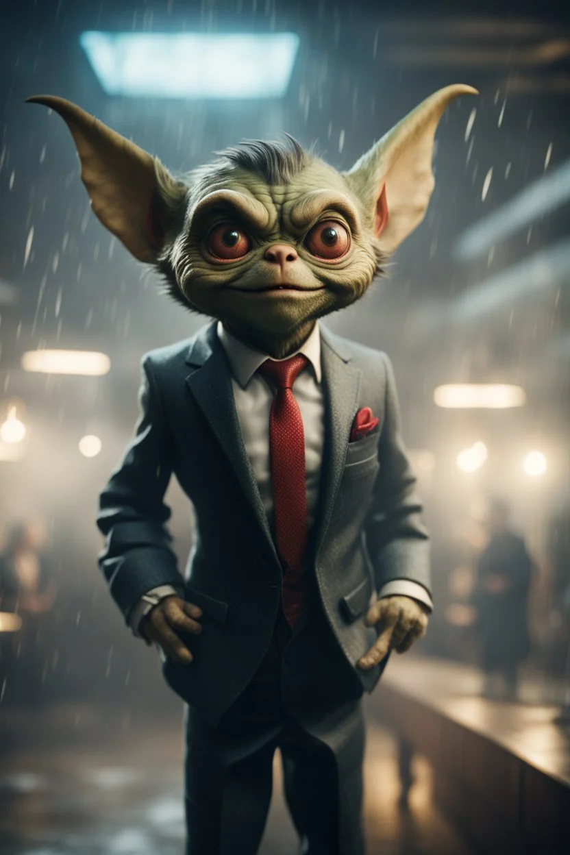 portrait of gremlin in suit flying in wind tunnel birthday party in a storm cloud, in the style of a fallout 4,bokeh like f/0.8, tilt-shift lens 8k, high detail, smooth render, down-light, unreal engine, prize winning