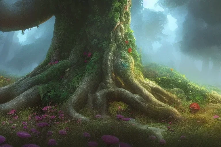 a beautiful digital illustration painting of a detailed fantasy tree trunk and roots, mushroom, ancient, flowers, 8k resolution, volumetric lighting, volumetric clouds, randomly placed ground fog, concept art, digital illustration, art by sam curry