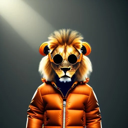 Lion toddler, smile, steampunk headphone, sunglass, gangsta neckless, full body, orange puffer jacket, tokio background, dramatic lighting, hyper realistic, unreal engine 5, 16k