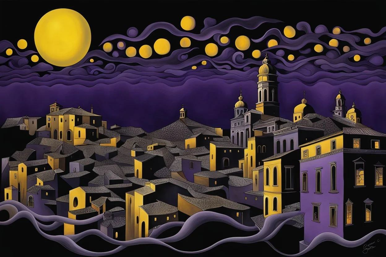 midnight in surreal old city with one big full moon, shadows on walls, strange buildings, sinister, dark clouds, by Greg Rutkowski surrealism Salvador Dali , purple-yellow, black melting oil on canvas, sinister, by Greg Rutkowski surrealism Salvador Dali matte background melting oil on canvas abstract vector fractal, wave-circle function, Zentangle, 3d shading