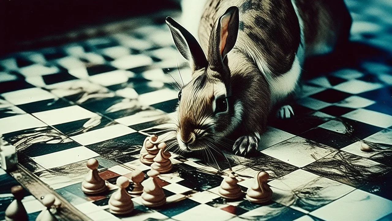 abstract painting, A wild rabbit is wreaking havoc on the chessboard, Ink combinated Analogue film photo, 1950s, candid, retro analog, 35mm film, film grain,