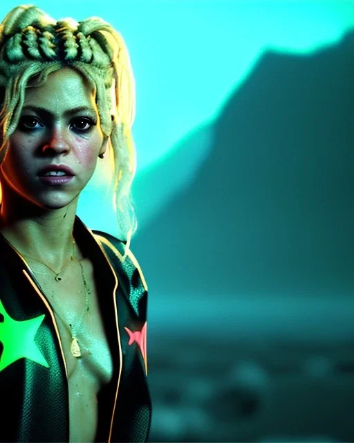 portrait, Shakira, blonde artist, angry, Realistic image, MMA robe, hoodie, mma gloves, fight pose, make-up make-up, gold line make-up, moisture, sweat, fog, goddess, Neon colors, leds. Black background, photo studio, concept art, smooth, unreal engine 5, god lights, ray tracing, RTX, lumen lighting, ultra detail, volumetric lighting, 3d, finely drawn, high definition, 4k.