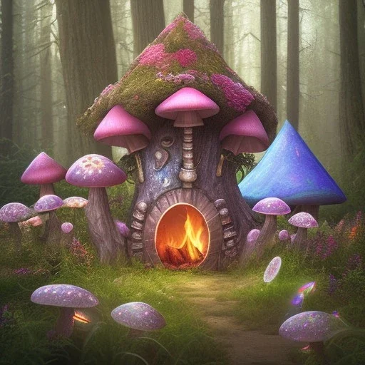 Fantasy fairy house in the forest, blue and pink lights mushrooms and big flowers around campfire