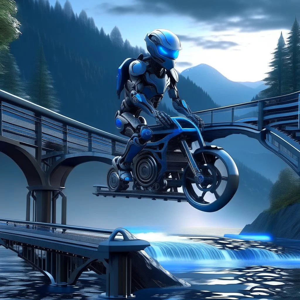 ninja robot on bike on bridge over waterfall, 8k, down-light, soft light, depth of field, photo realism, trending on art station, high detail