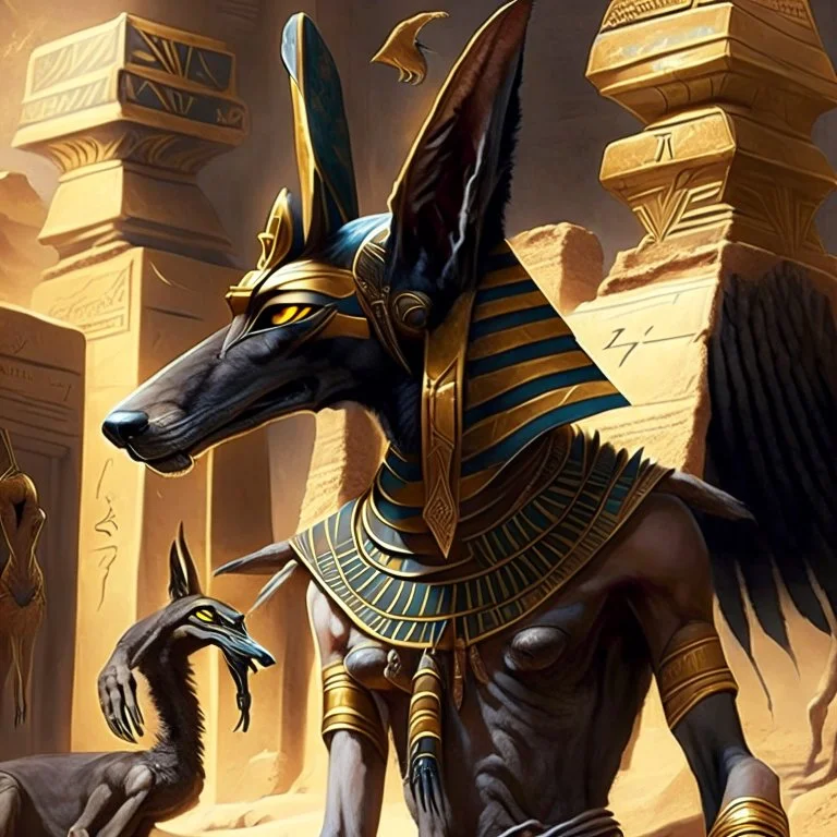 A scene from Egyptian mythology. The jackal god Anubis. He has the body of a human and the head of a hawk.