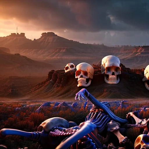 a picture of a dark, comedic, anatomically correct wall of colorful tightly packed stacked skulls of varying sizes and expressions, photo realistic, insanely meticulous, highly detailed, part of a collection of bones on display, 64k, dystopian, vray