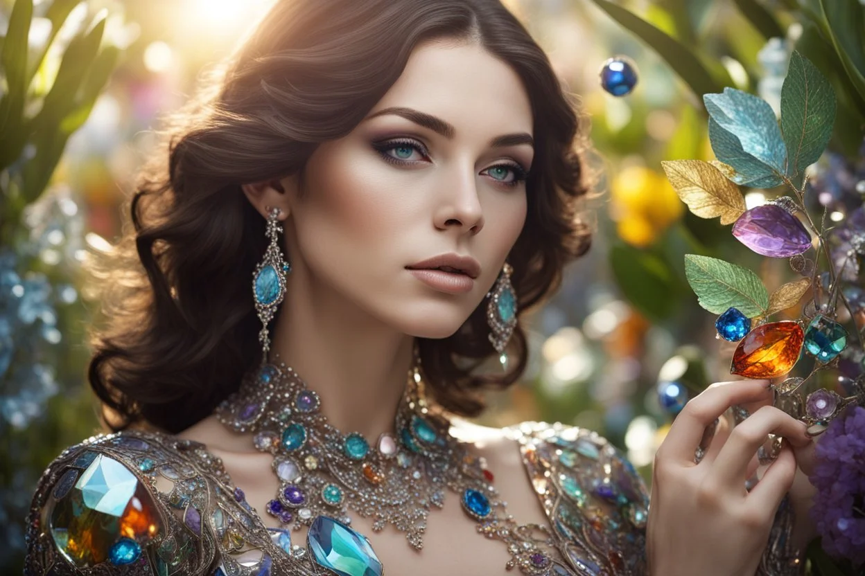 brunette woman in coloured glass gress set with gemstones, glittering metal stems and gemstone leaves in a flowergarden sharp focus elegant extremely detailed intricate very attractive beautiful dynamic lighting fantastic view crisp quality exquisite detail in the sunshine gems and jewels