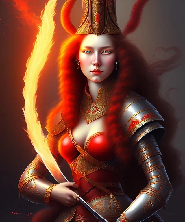 portrait lady red archer warrior with big bobs long black hairs with fenix flames