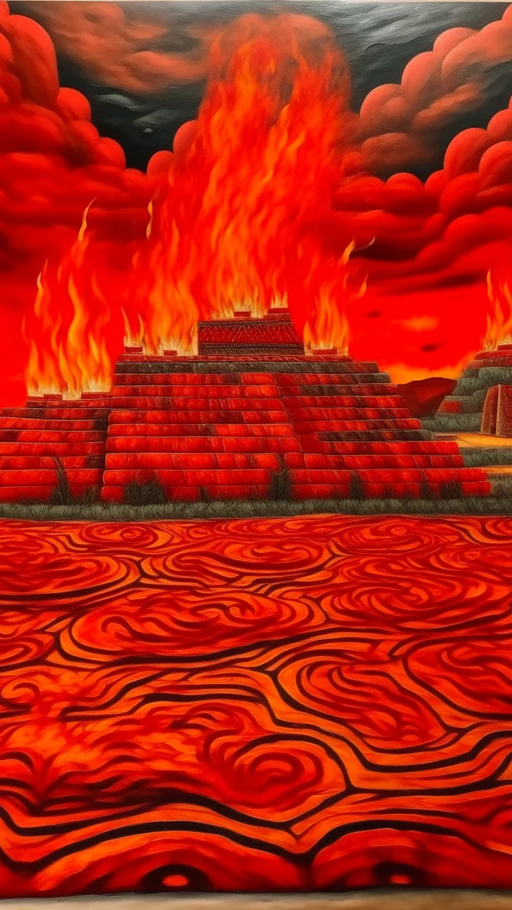 Red steppes with flames designed in Mayan architecture painted by Guo Xi