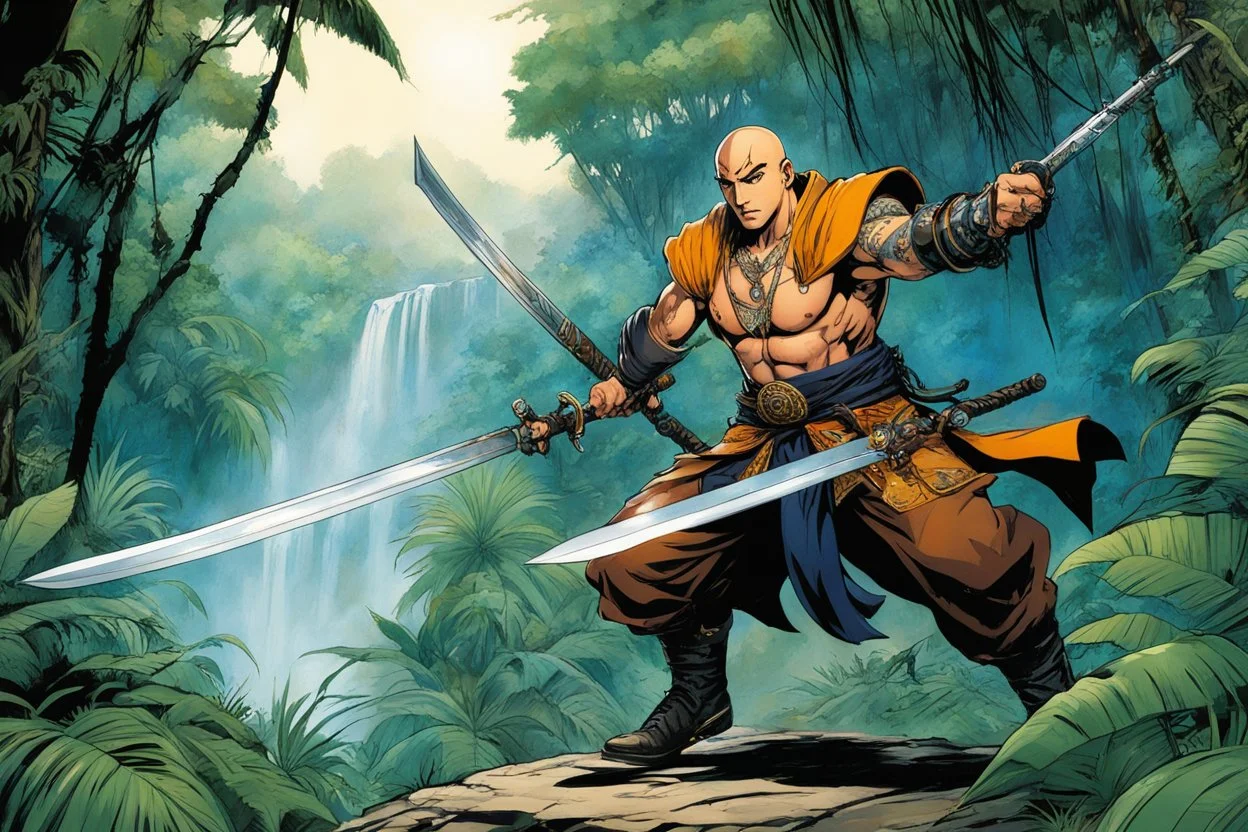 (in the style of Orion, by Masamune Shirow) a tattooed gangsta monk with his staff fights against a paladin knight with his two handed sword zweihander in the jungle