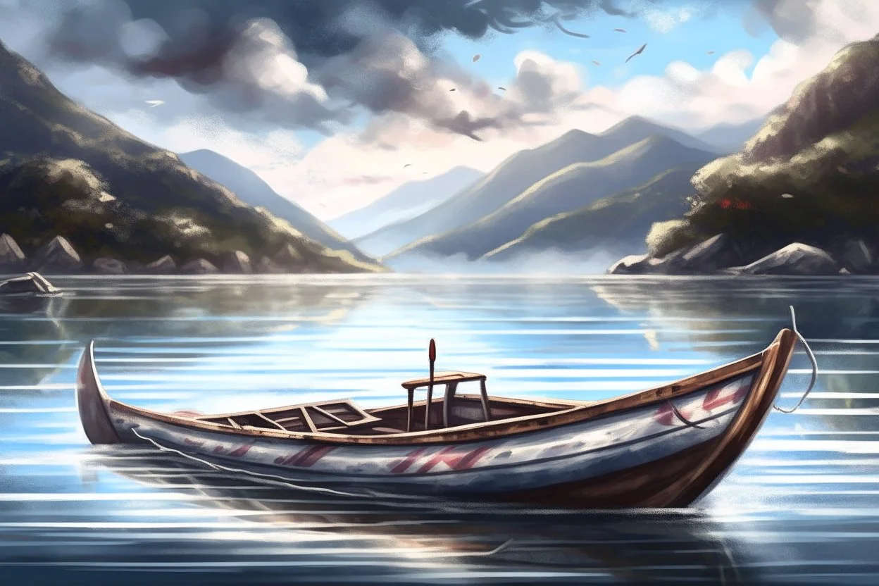 Fisherboat, realistic, colorfull, ocean, small boat, rowing boat, mountains, lake, fisher man