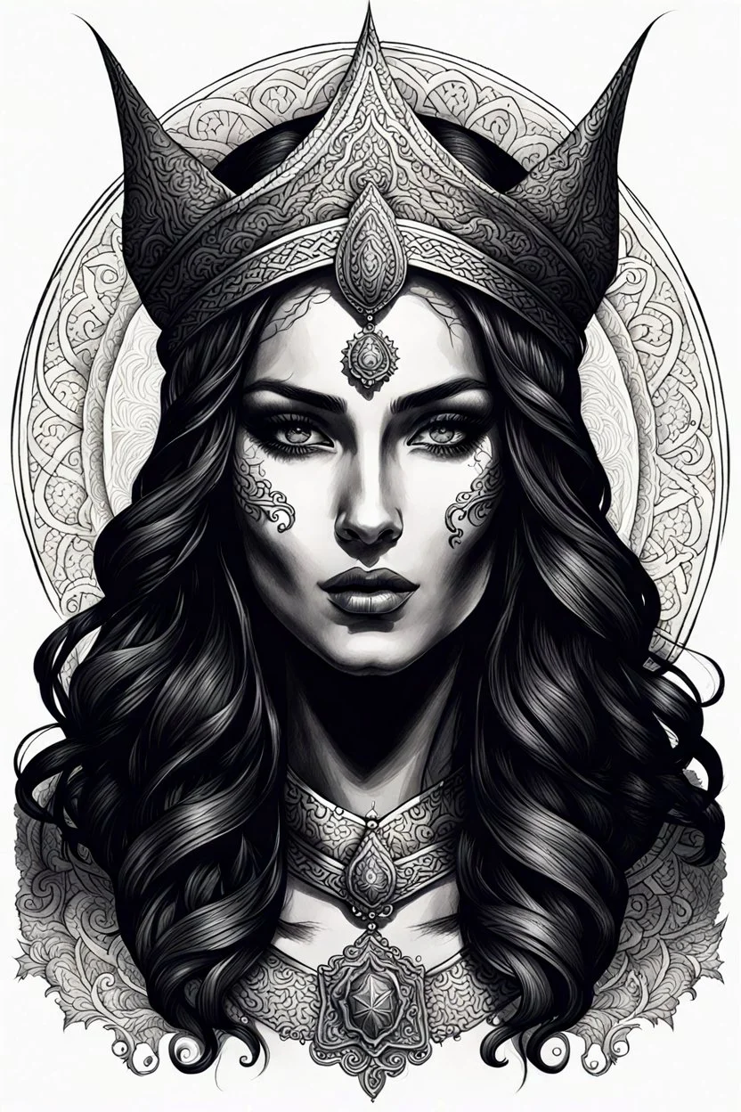 create an ethereal, darkly magical lithographic print illustration of an epic female Andalusian sorceress with highly detailed and deeply cut facial features, sketch drawing, fine crosshatching and shading