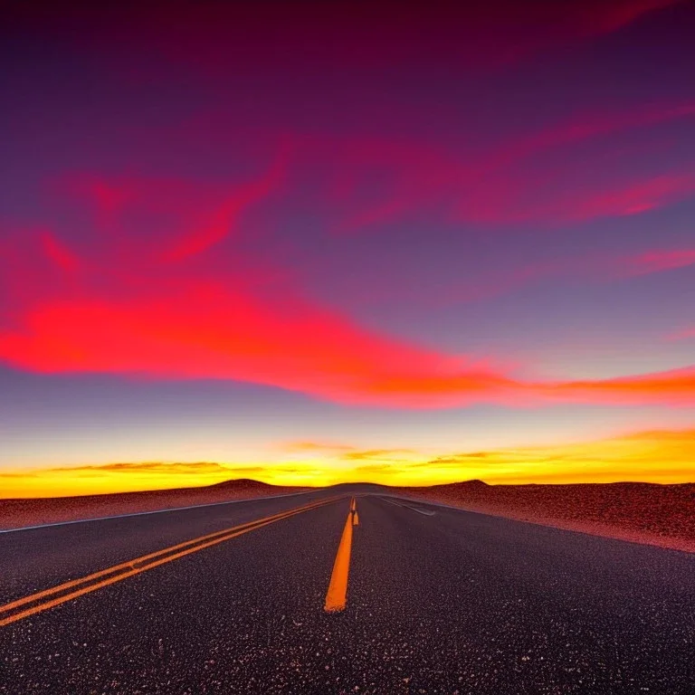 muscle car, desert road, sunset, full colour,