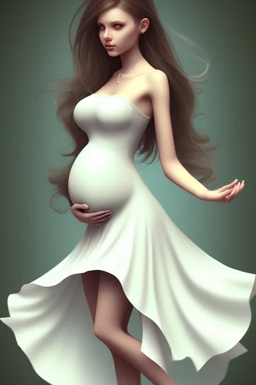 girl, cute, beautiful, pregnant, cottagecore dress, long hair, brown hair, brown eyes, wedding ring