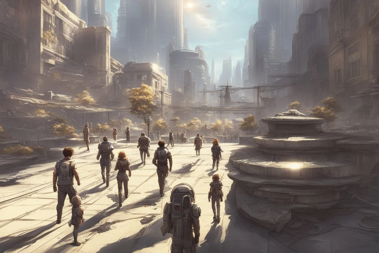 sunny day, city, sci-fi, people, epic