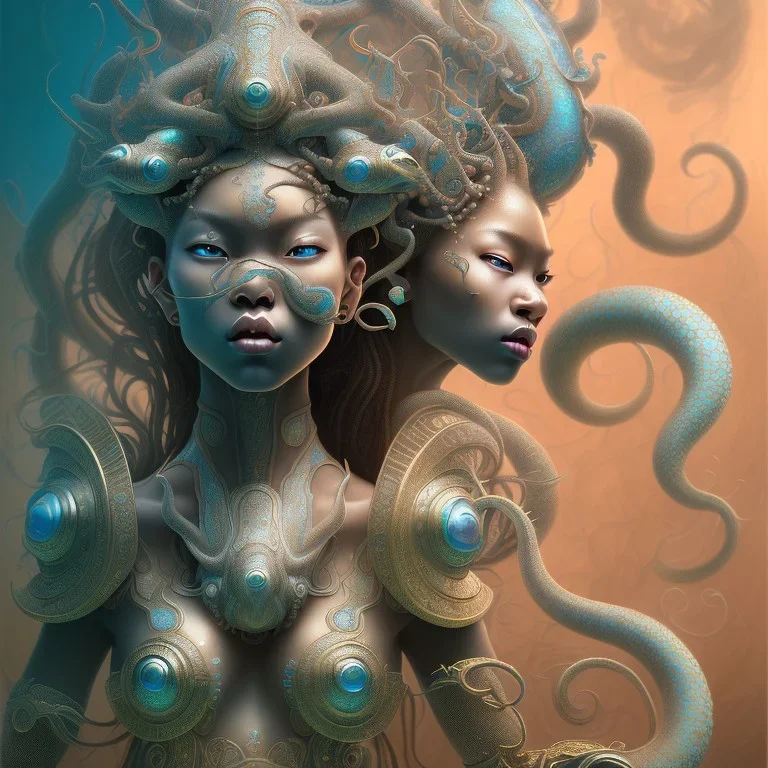 Sango fantasy, fantasy magic, intricate, sharp focus, illustration, highly detailed, digital painting, concept art, matte, art germ and Paul Lewin and Kehinde Wiley, masterpiece Japanese dancer head bronze squid' Asian African girl nice breast Thai hair turquoise silver blue under water