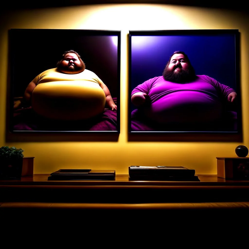 (fineart:1.5, masterpiece1.5) (realism:1.5) award winning picture of award winning fat, beardedd, 'fat man' (watching tv:1.8), tv in frame , two panels, pov of the tv, pov of 'fat man'