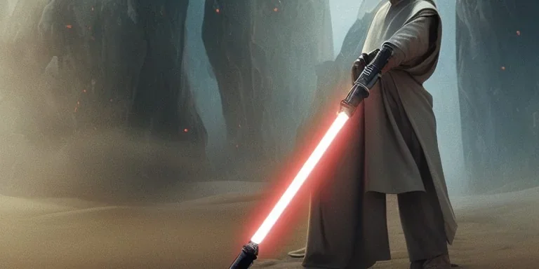 A jedi with his lightsaber, 8k, HD, cinematography, photorealistic, Cinematic, Color Grading, Ultra-Wide Angle, Depth of Field, hyper-detailed, beautifully color-coded, insane details, intricate details, beautifully color graded, Cinematic, Color Grading, Editorial Photography, Depth of Field, DOF, Tilt Blur, White Balance, 32k, Super-Resolution, Megapixel, ProPhoto RGB, VR