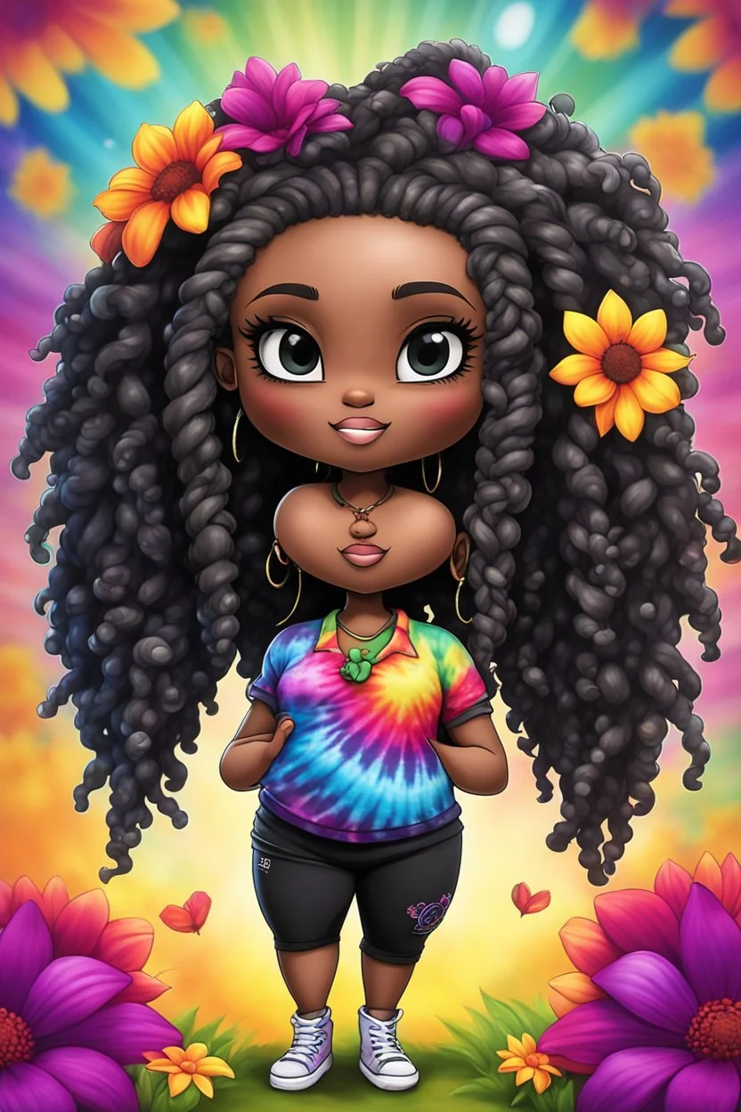 Create an airbrush image of a chibi black curvy female wearing a tie dye yoga outfit. Prominent make up with hazel eyes. Highly detail asymmetrical dread locs. background of colorful large flowers 2k