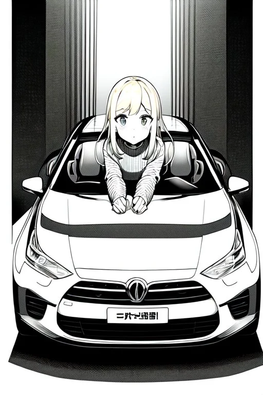 blonde young girl inside car, greyscale