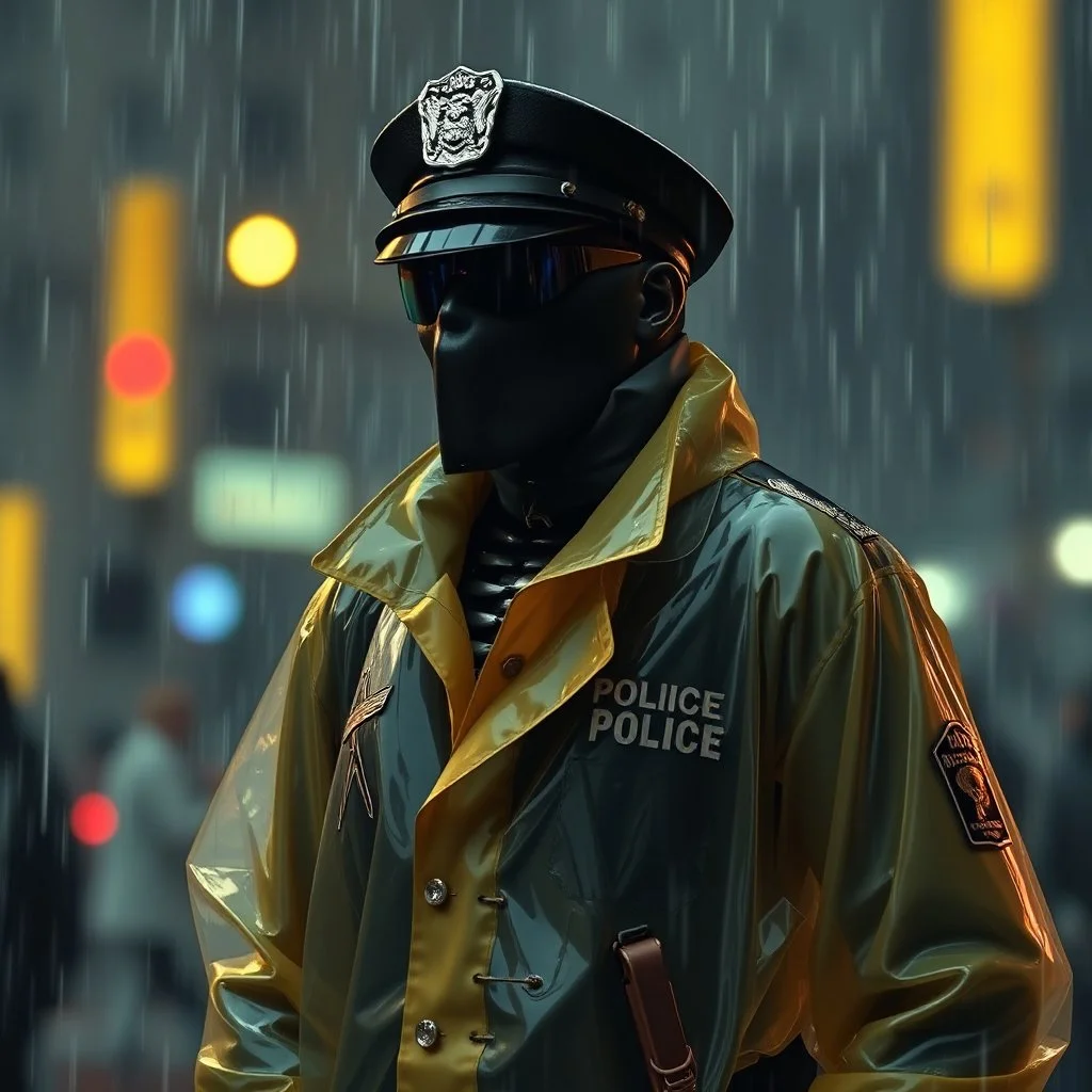 color 1920 policeman with exoskeleton wtih heavy rain transparent coat