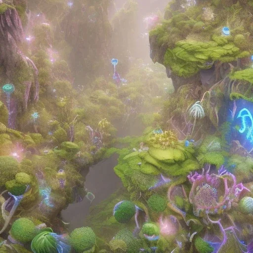 bioluminescent herbivore alien animals on a scifi landscape, bioluminsescent plants, bioluminescent flovers, 8k resolution, dynamic lighting, ultra hyperdetailed, waterfalls, ultra colourful, very small details, realistic.