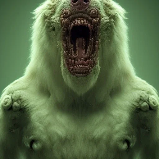 Dog, monster, green, horror, teeth, gore, blood, masterpiece, expert, 8K, hyperrealism, sharp focus, cinematic lighting