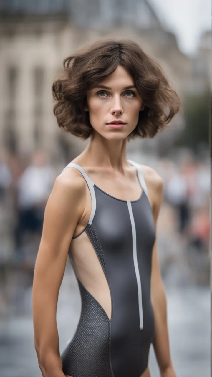 beautiful anorexic young woman, total shot, short shiny anthracite triathlon swimsuit, short brunette wavy bob hair, blurred city background