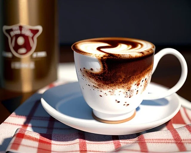 Cappuccino art microfoam in mug saucer Crawford plaid napkin Demitasse