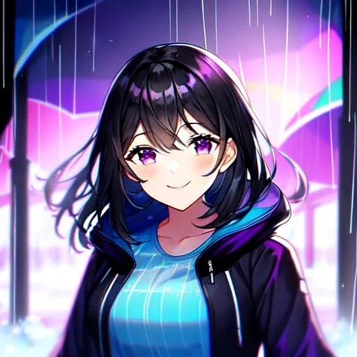 8k, Girl, high quality, detailed, black hair, purple eyes, beautiful lighting, vibrant colors, jacket, raining, smiling