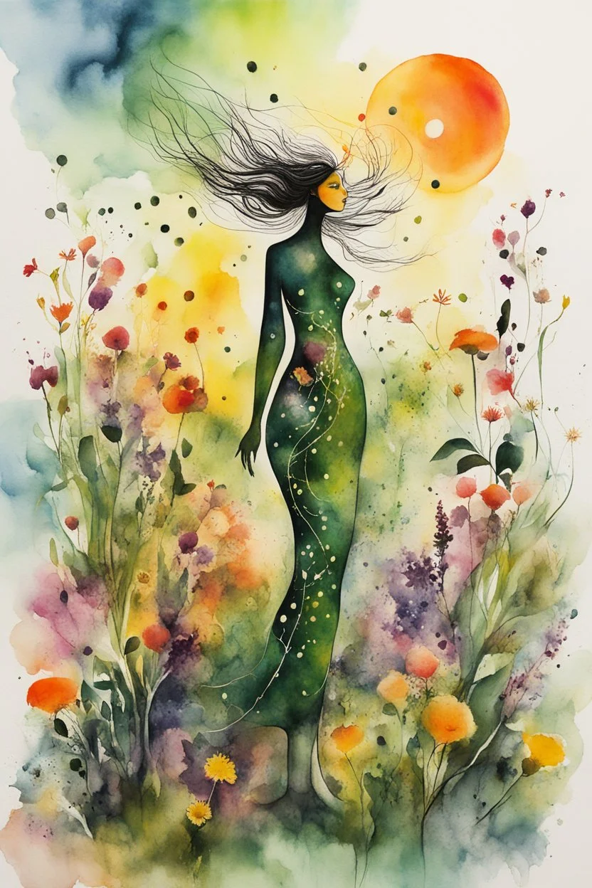 an abstract full body watercolor lithographic print portrait illustration of her subconscious yearning to be as free a wild wind whispering across a vast landscape of wildflowers , neo surrealism, biomorphism, abstract expressionism , striking, atmospheric, dreamlike, mystical, enigmatic, amorphous, in the style of Joan Miro and Roberto Matta, in bold, vibrant plant based organic colors, boldly inked, hyper detailed , highly detailed feminine facial features, 4k