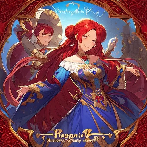 a young noble woman, red hair bun, smiling, joyful, happy to see us, wearing a turquoise embroidered gown with perls, renaissance era, in a ballroom, highly detailed, illustration, character art