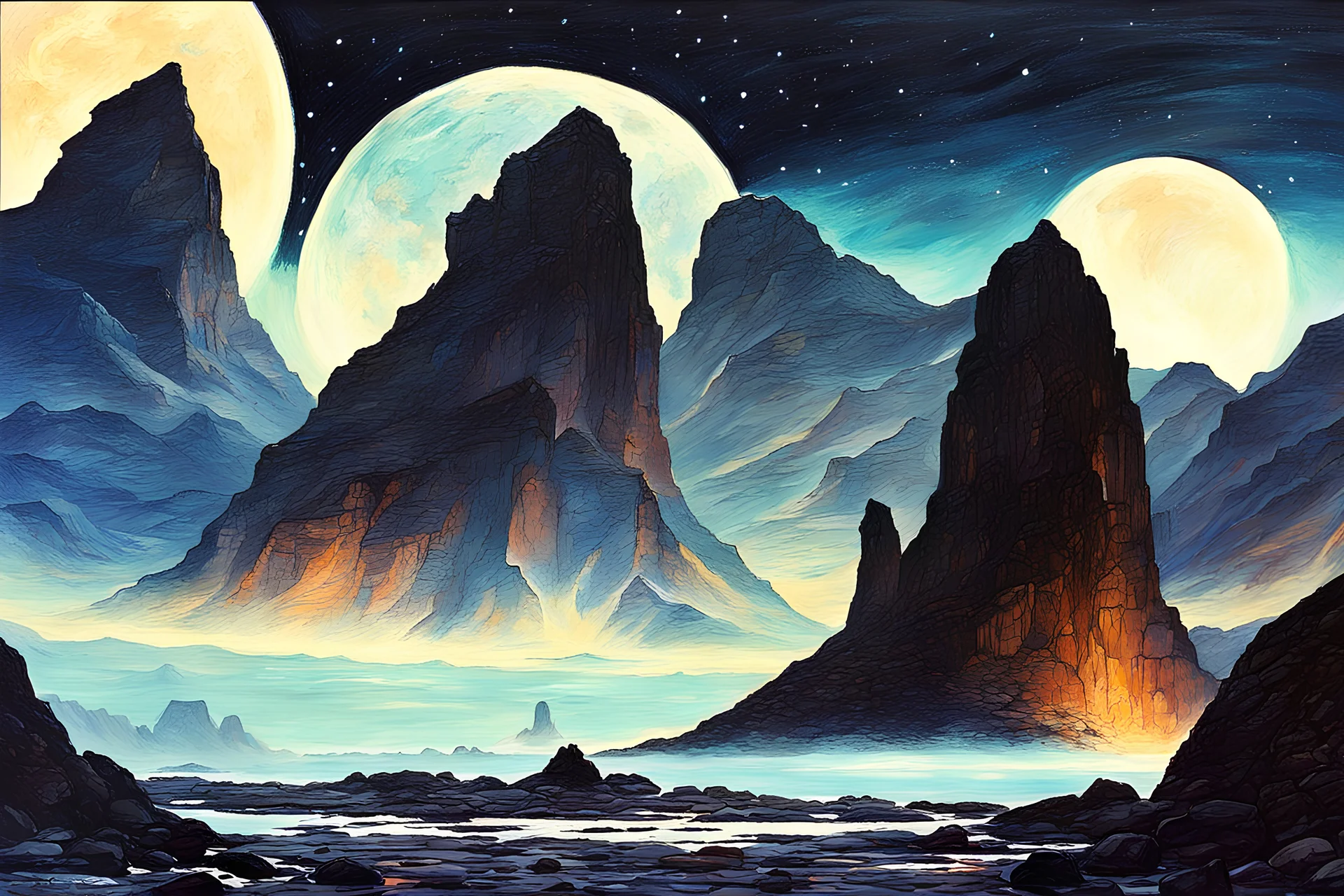 night, rocks, mountains, sci-fi, epic, rodolphe wytsman impressionism paintings