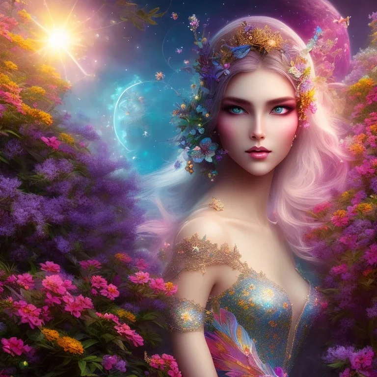 bright fairy, beautiful portrait, flowery landscape, cosmic ambiance