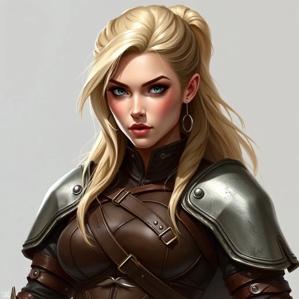 an attractive blonde warrior woman, leather armour, digital art, stylised