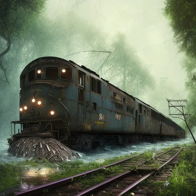 an abandoned train on tracks overgrown by nature with large puddles of water flooding part of tracks, 8k resolution, high-quality, fine-detail, intricate, digital art, detailed matte, volumetric lighting, illustration, 3D octane render, brian froud, howard lyon, selina french, anna dittmann, annie stokes, lisa parker, greg rutowski