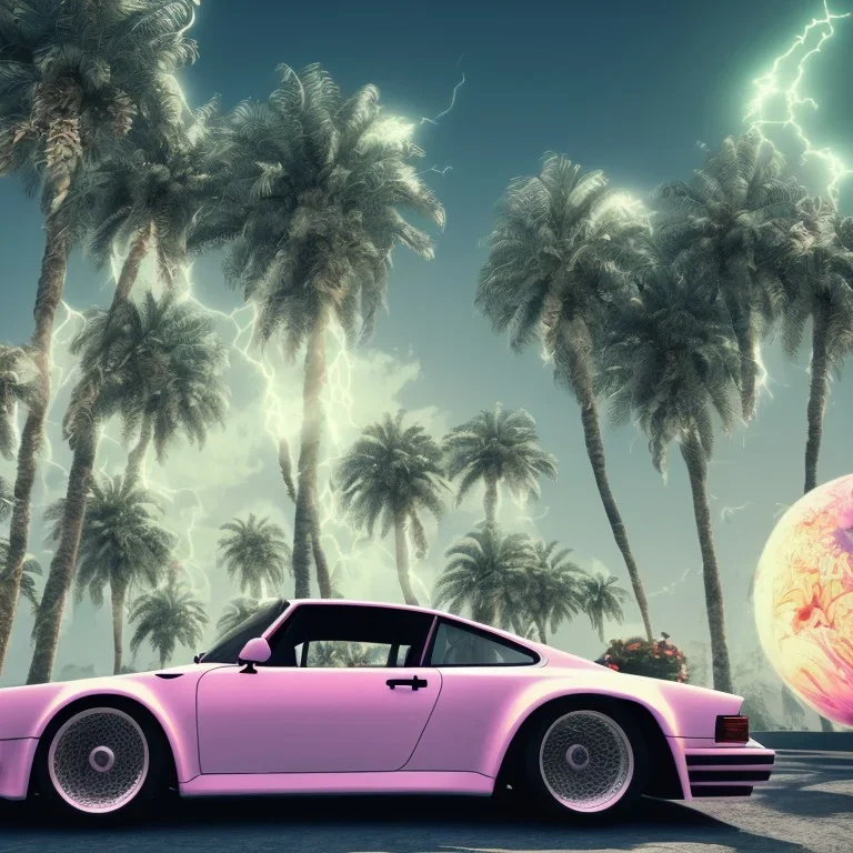 1980's aesthetic vaporwave palm trees and spheres and Porsche with lightning