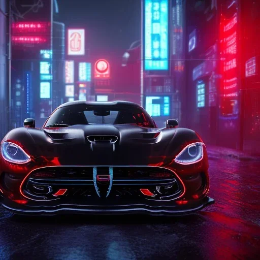 realistic black dodge viper; in an alternate universe in tokyo; cyberpunk; rain; neon signs