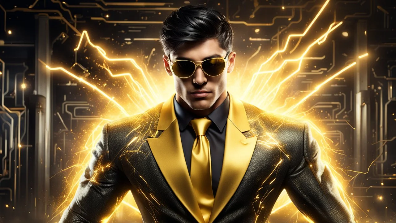 Hyper Realistic handsome muscular Electric-Superhero with short-black-hair wearing long-fancy-yellow-tuxedo-with-golden-circuit-patterns, Black-shirt & Golden-electric-tie & fancy-golden-sunglasses aggressively-unleashing-thunderbolt in a dark-rustic-circuit-room with electric-sparks-&-rays & a massive circuit-board-wall with-glowing-embers showing dramatic & cinematic ambiance.