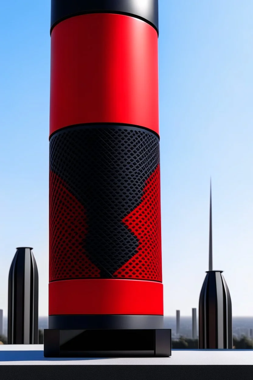 portable speaker, form inspired by merdeka 118 tower , architecture form, geometric design style and black and red color